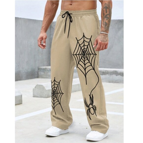 NEW Shein Manfinity Men Plus Loose-Fit, Spider Web Print Pants – Khaki, Size 2XL - Picture 2 of 13